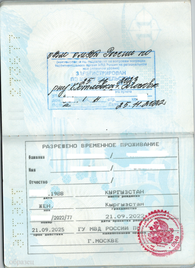 Образец разрешения на временное проживание (РВП) для иностранного гражданина в РФ